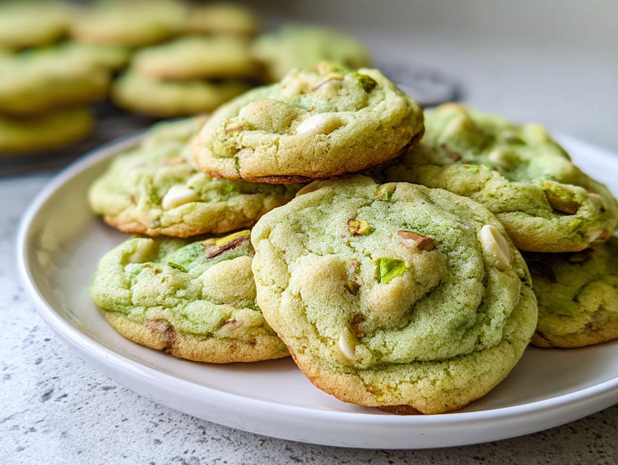 A close-up of soft and chewy pistachio pudding cookies piled on a white plate, studded with pistachios and white chocolate chips.