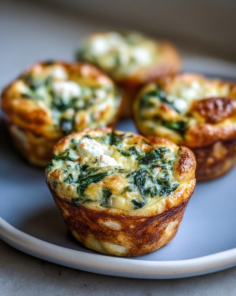 Close-up of fluffy spinach feta egg muffins on a grey plate, showcasing the green spinach and white feta cheese.