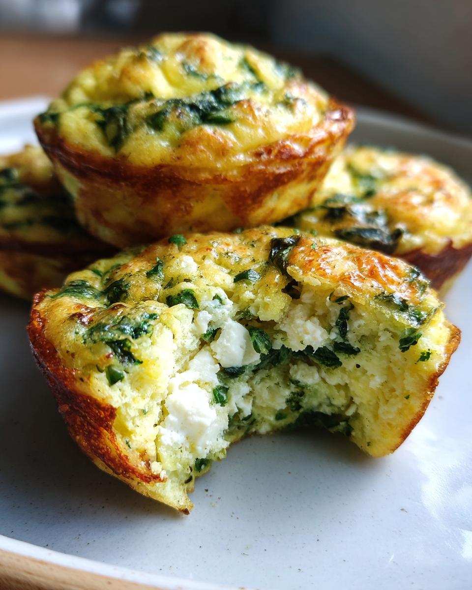 A close-up of a bite taken out of a spinach feta egg muffin, revealing fluffy egg, spinach, and feta cheese.