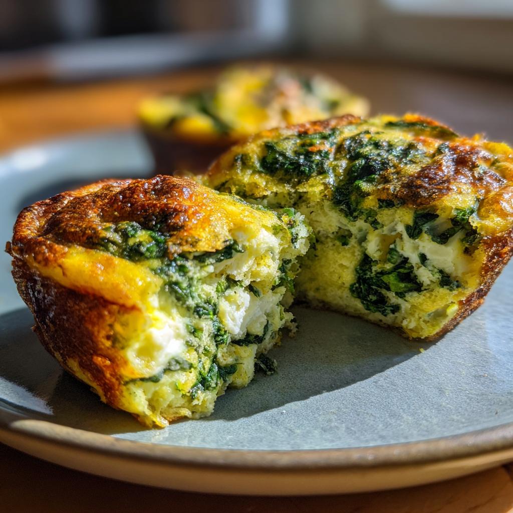 Close-up of a spinach feta egg muffin, cut in half, revealing fluffy egg, spinach, and feta cheese.