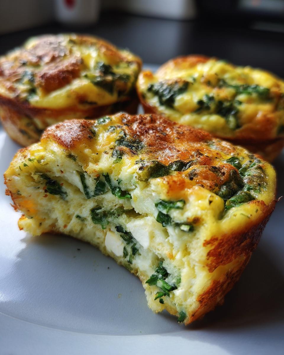 A close-up of a spinach feta egg muffin with a bite taken out, showing the fluffy egg, spinach, and feta cheese.