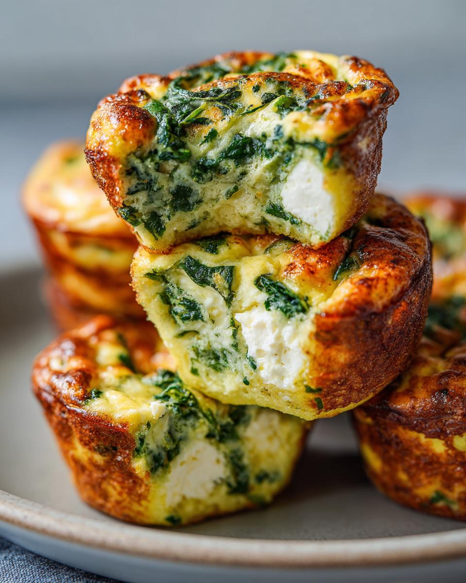 A stack of delicious spinach feta egg muffins, showcasing the fluffy interior with spinach and feta cheese.