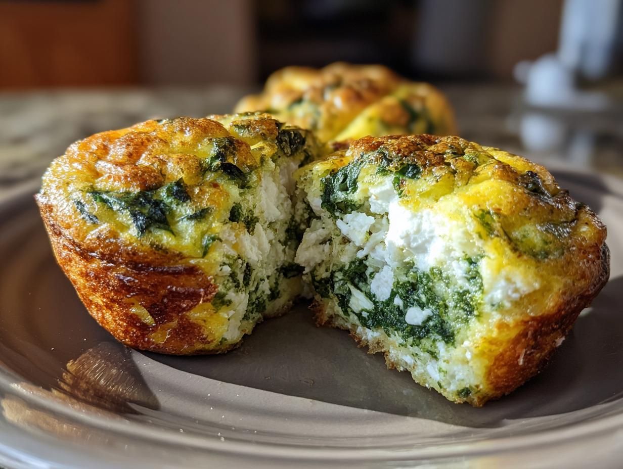 Close-up of a spinach feta egg muffin, cut in half to reveal the fluffy interior with spinach and feta cheese.