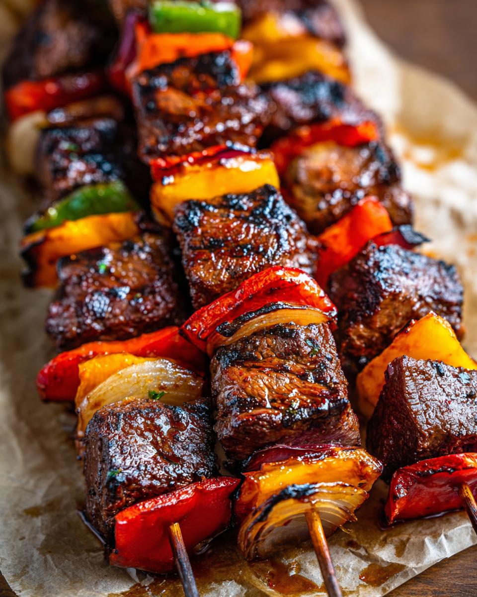 Close-up of perfectly grilled steak kabobs with colorful peppers and onions, showcasing juicy, charred steak.