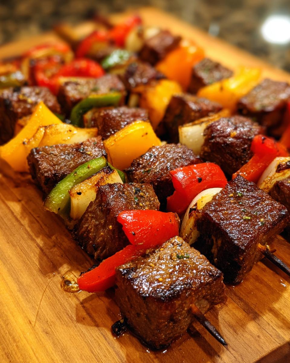 Close-up of grilled steak kabobs with colorful bell peppers and onions on a wooden board.