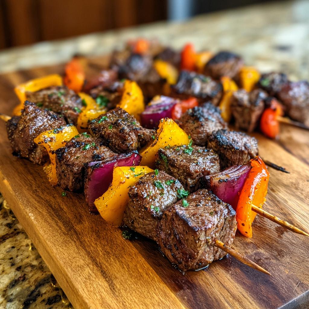 Close-up of grilled steak kabobs with bell peppers and red onions on a wooden cutting board.