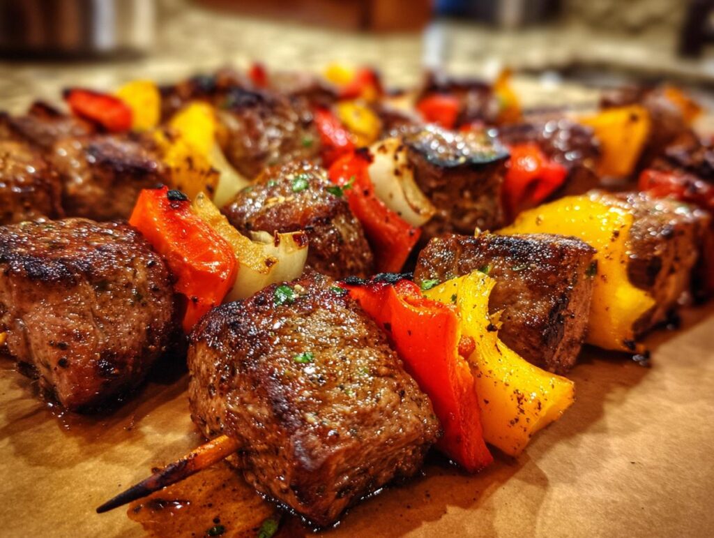 Close-up of grilled steak kabobs with red and yellow bell peppers and onions, seasoned and juicy.