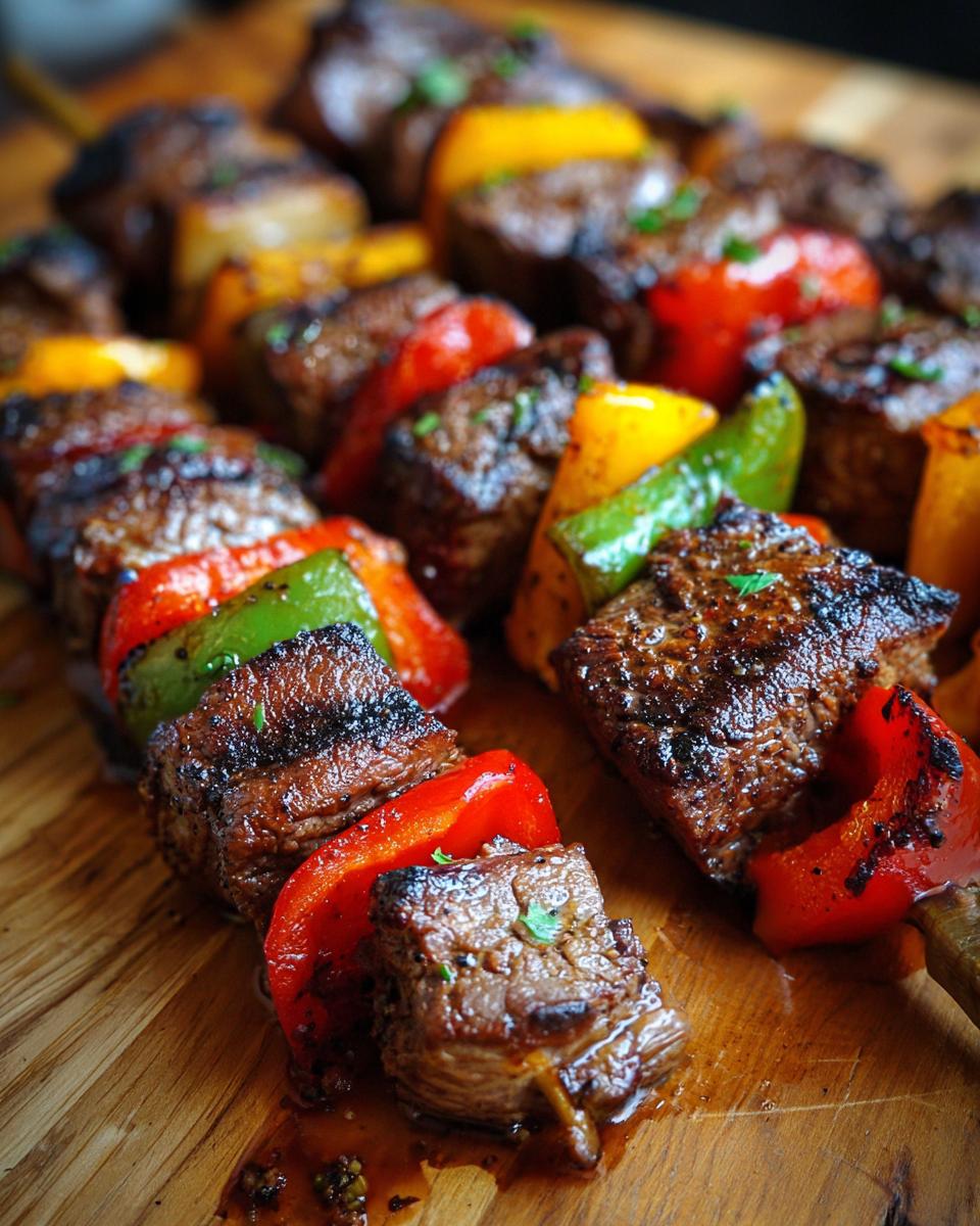 Close-up of grilled steak kabobs with red, green, and yellow peppers and onions on a wooden board.