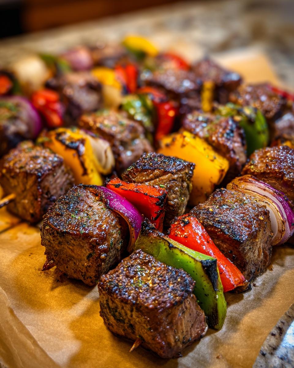 Close-up of grilled steak kabobs with colorful bell peppers and red onions, ready for serving.