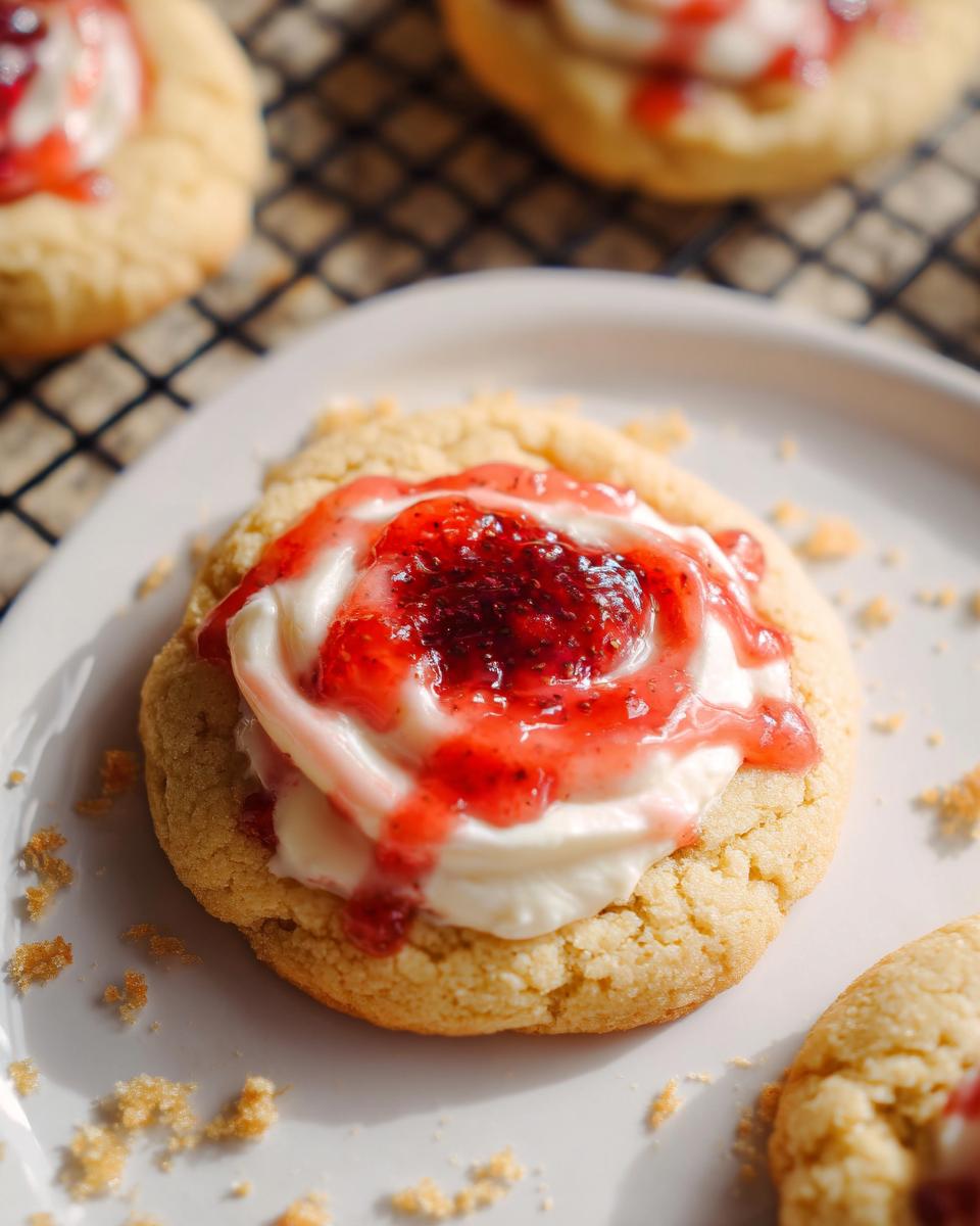 Close-up of a Strawberry Cheesecake Cookie Pretty topped with cream cheese frosting and strawberry jam.