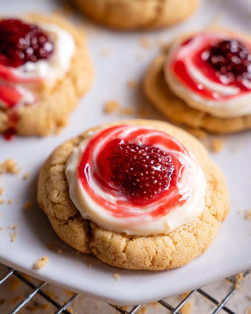 Close-up of a delicious Strawberry Cheesecake Cookie Pretty with creamy frosting and strawberry topping.