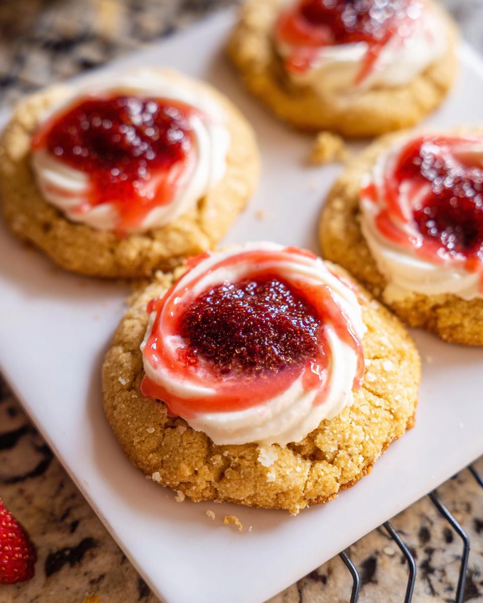 Close-up of delicious Strawberry Cheesecake Cookies Pretty topped with cream cheese frosting and strawberry jam.