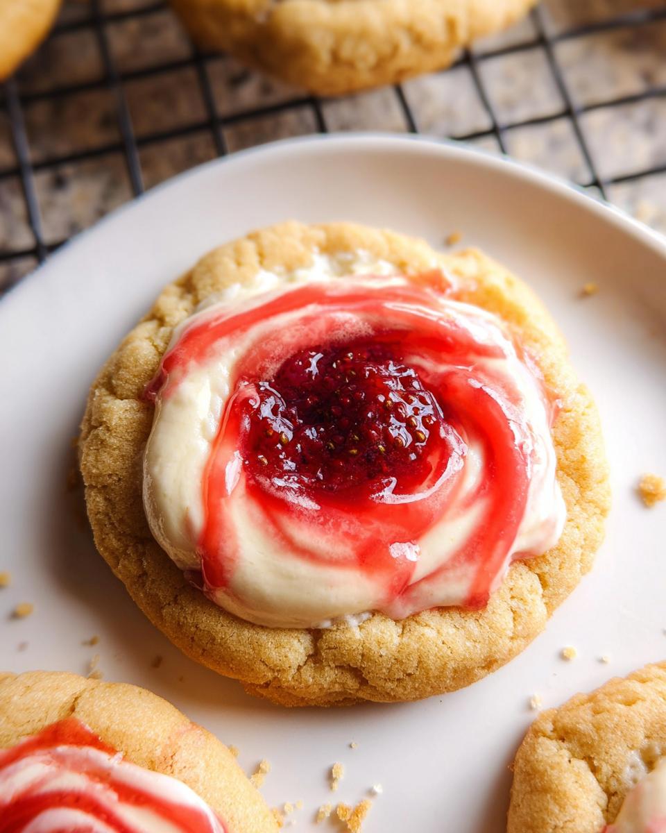 Close-up of a delicious Strawberry Cheesecake Cookie Pretty, topped with cream cheese frosting and strawberry jam.