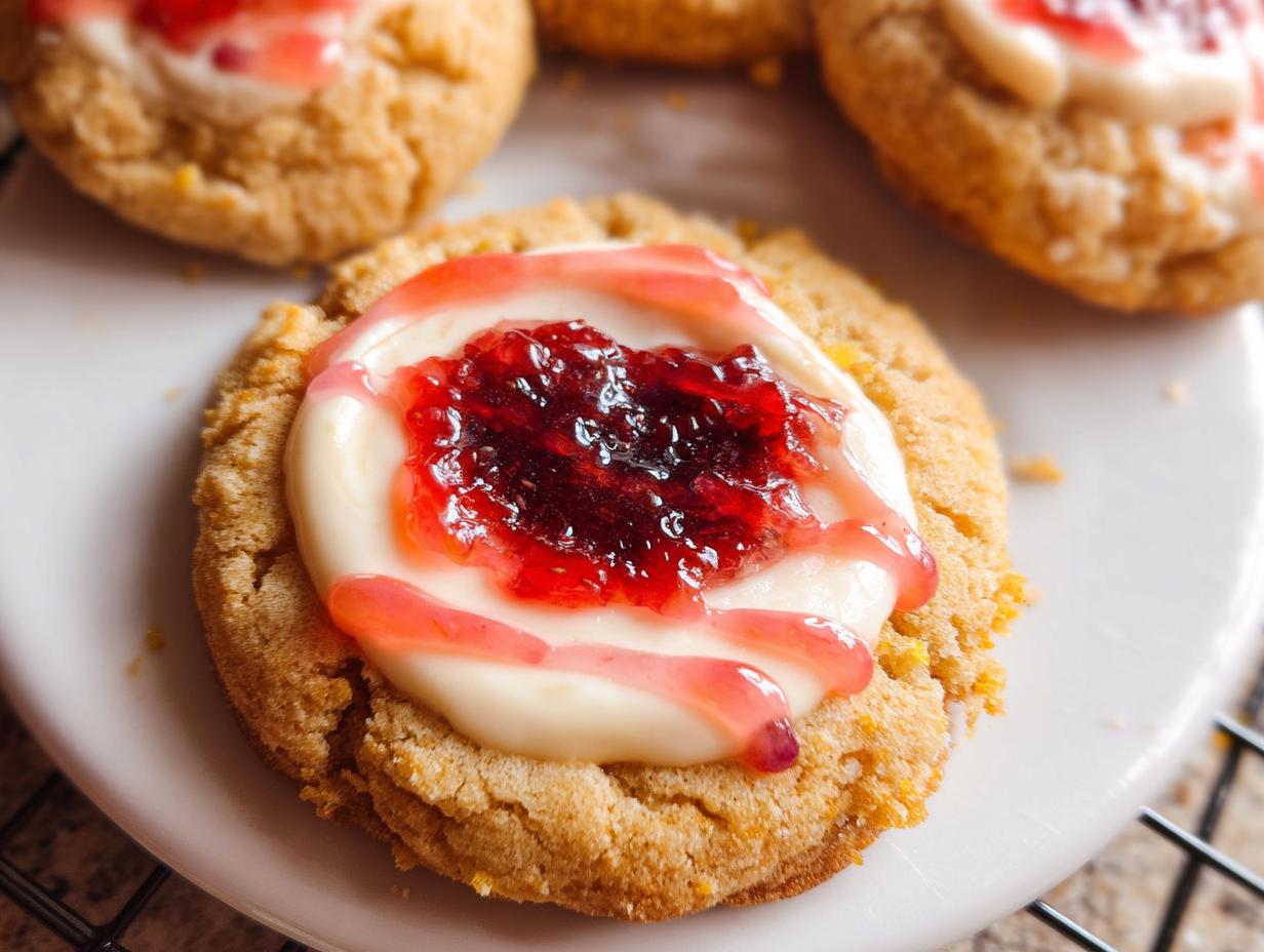Close-up of a delicious Strawberry Cheesecake Cookie Pretty topped with cream cheese frosting and strawberry jam.