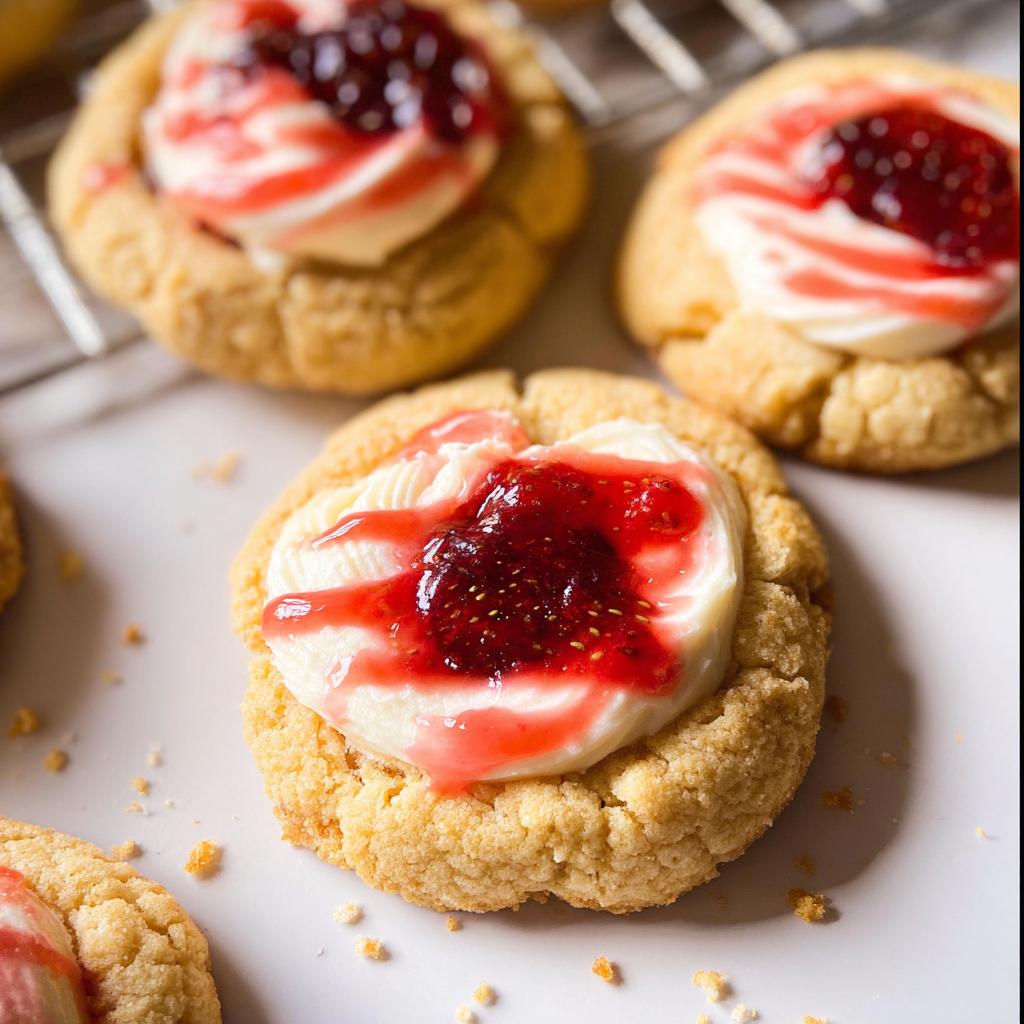 Close-up of a Strawberry Cheesecake Cookie Pretty, topped with cream cheese frosting and strawberry jam.