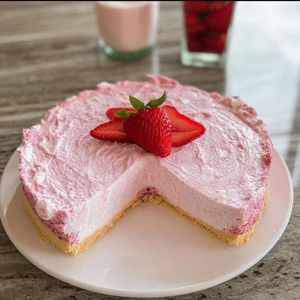 A slice of no-bake strawberry cloud cake, topped with fresh strawberries and mint leaves.