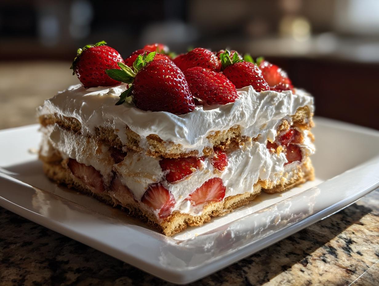 A slice of creamy strawberry icebox cake layered with cookies, whipped cream, and fresh strawberries.