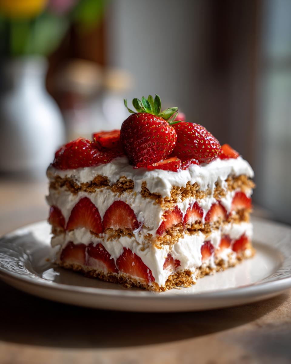 A slice of creamy strawberry icebox cake layered with graham crackers and fresh strawberries, topped with whole berries.