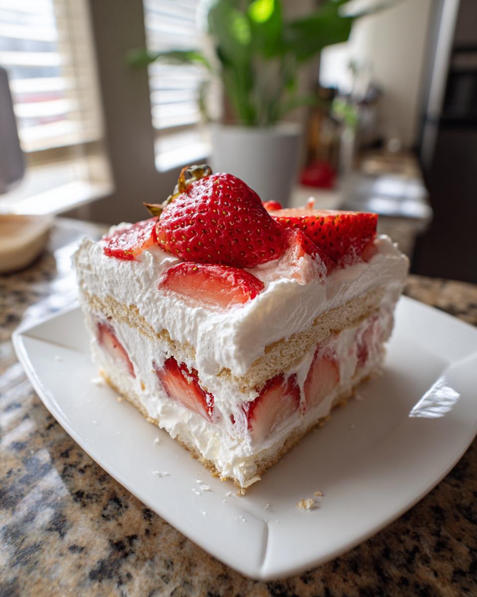 A slice of creamy strawberry icebox cake layered with whipped cream and fresh strawberries.