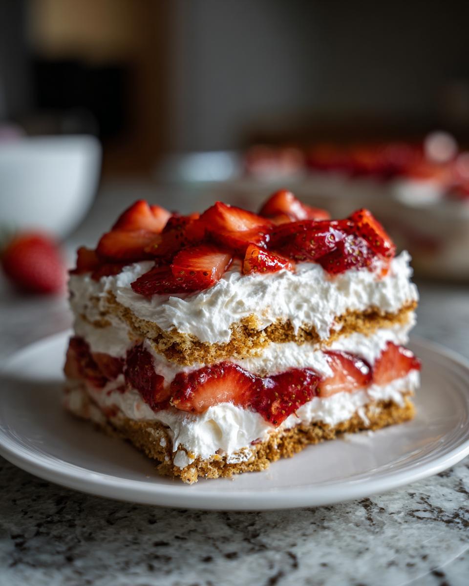 A delicious slice of Strawberry Icebox Cake, featuring layers of graham crackers, whipped cream, and fresh strawberries.
