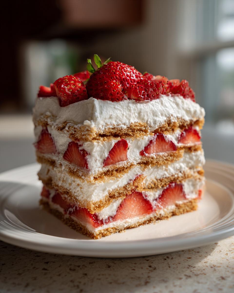 A slice of creamy strawberry icebox cake layered with graham crackers and fresh strawberries, topped with whipped cream and whole strawberries.