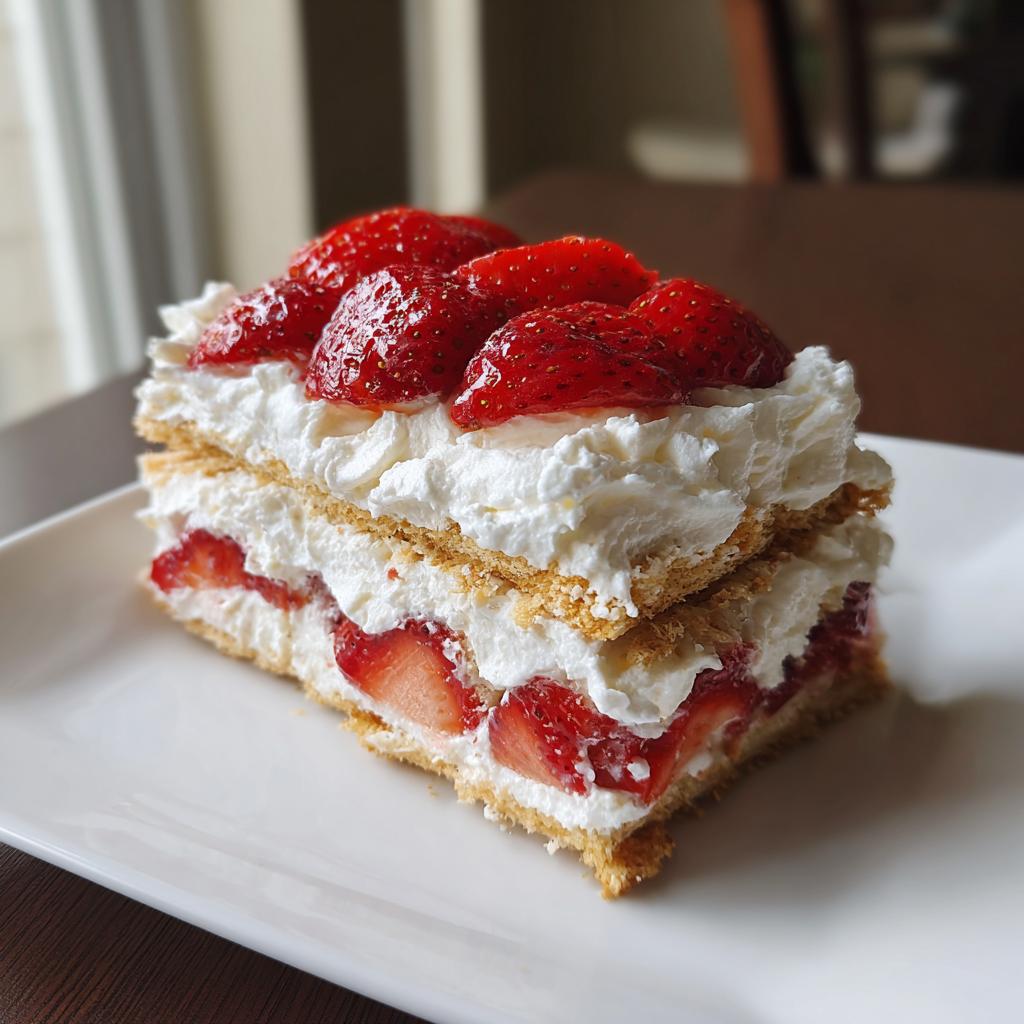 A slice of strawberry icebox cake featuring layers of cookies, whipped cream, and fresh strawberries.