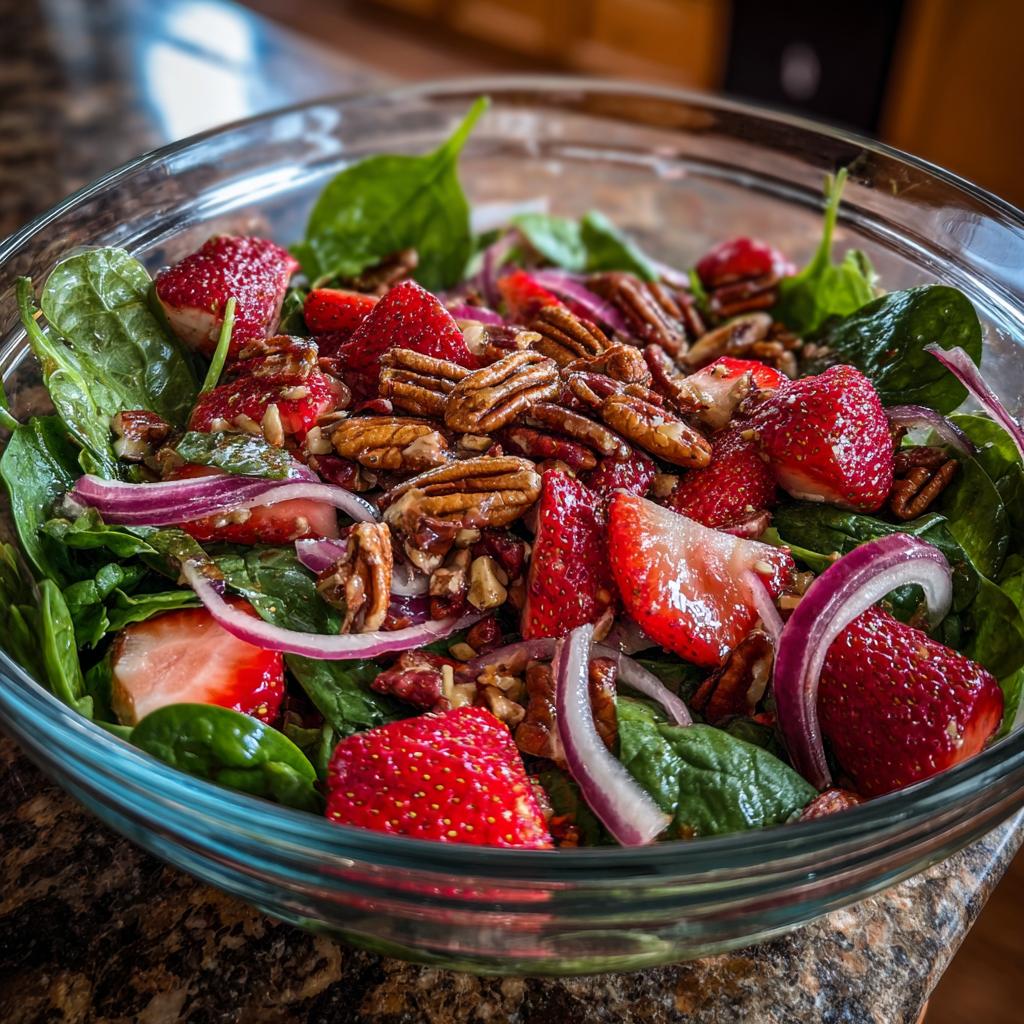 Close-up of a refreshing strawberry spinach salad in a glass bowl, featuring fresh strawberries, spinach, red onion, and pecans.