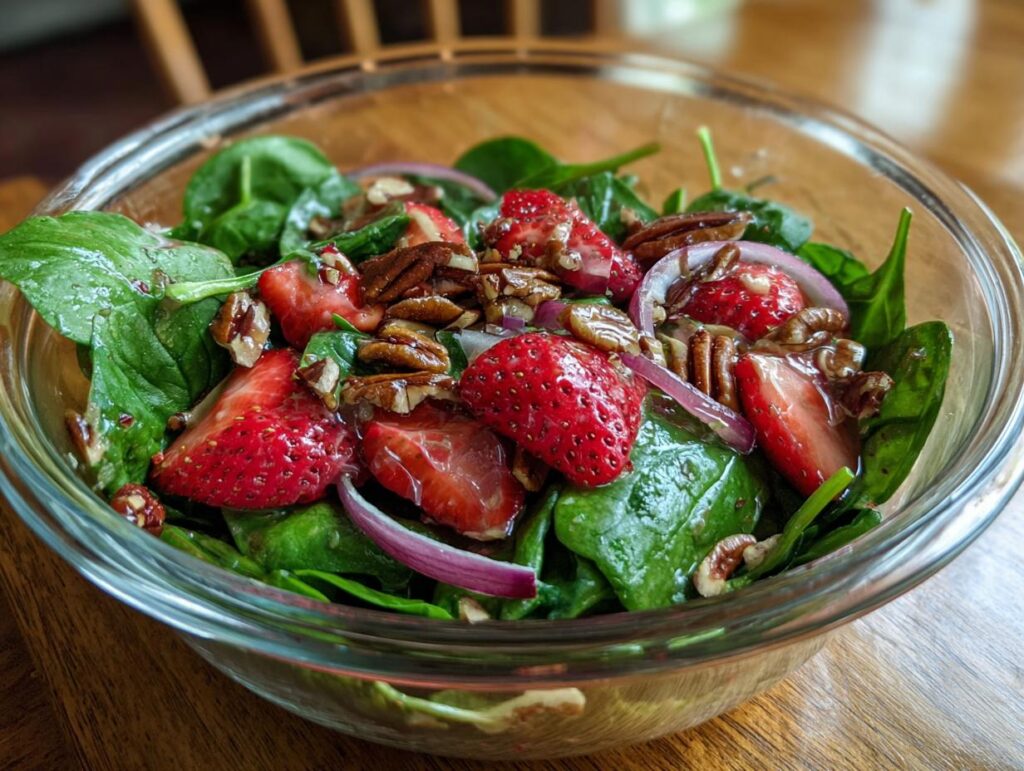 Close-up of a refreshing strawberry spinach salad with red onion and pecans in a glass bowl.