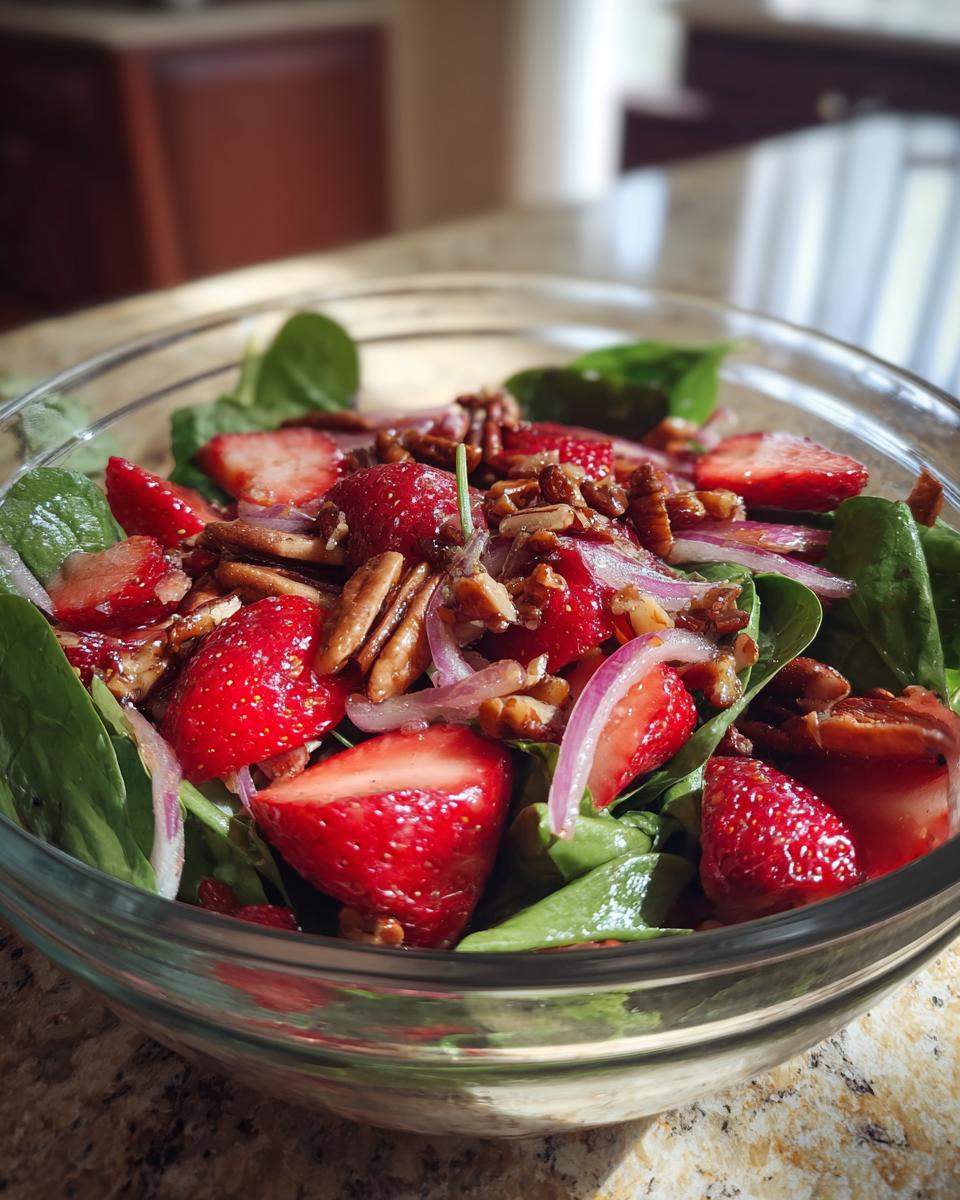 A close-up of a refreshing strawberry spinach salad in a glass bowl, topped with pecans and red onion.