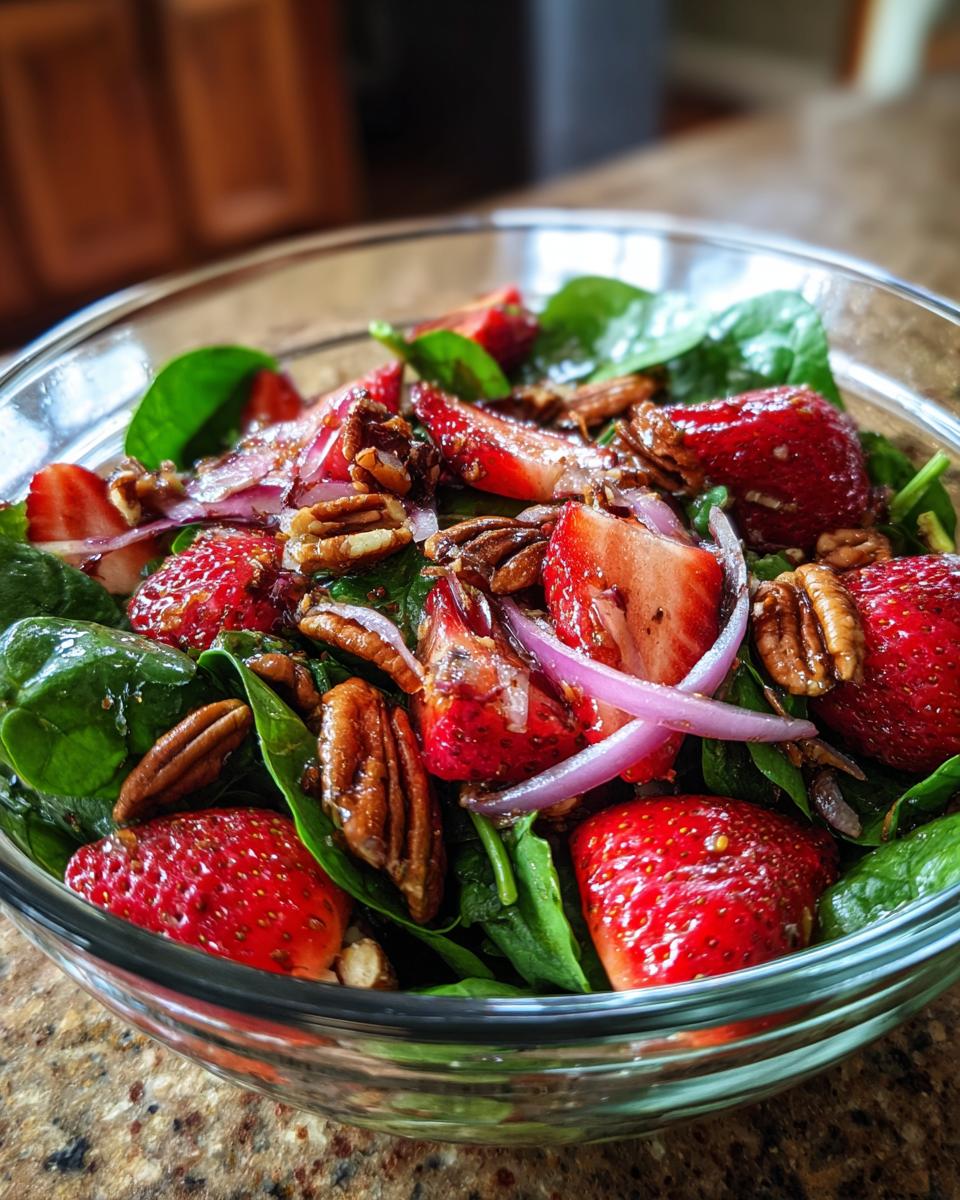 A close-up of a refreshing strawberry spinach salad with sliced strawberries, red onion, and pecans in a glass bowl.