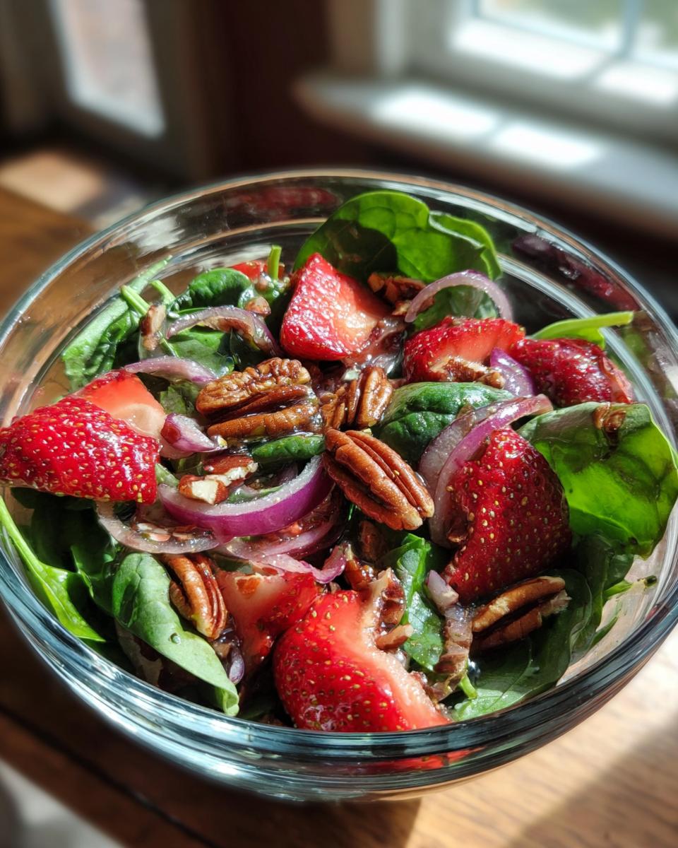 Close-up of a refreshing strawberry spinach salad with pecans and red onion in a glass bowl.