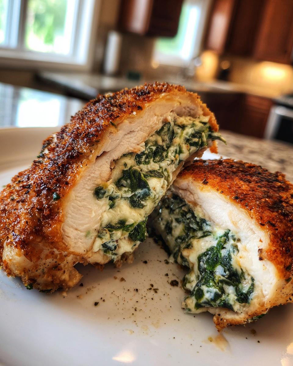 A close-up of a juicy stuffed spinach chicken breast, cut in half to reveal creamy spinach filling.