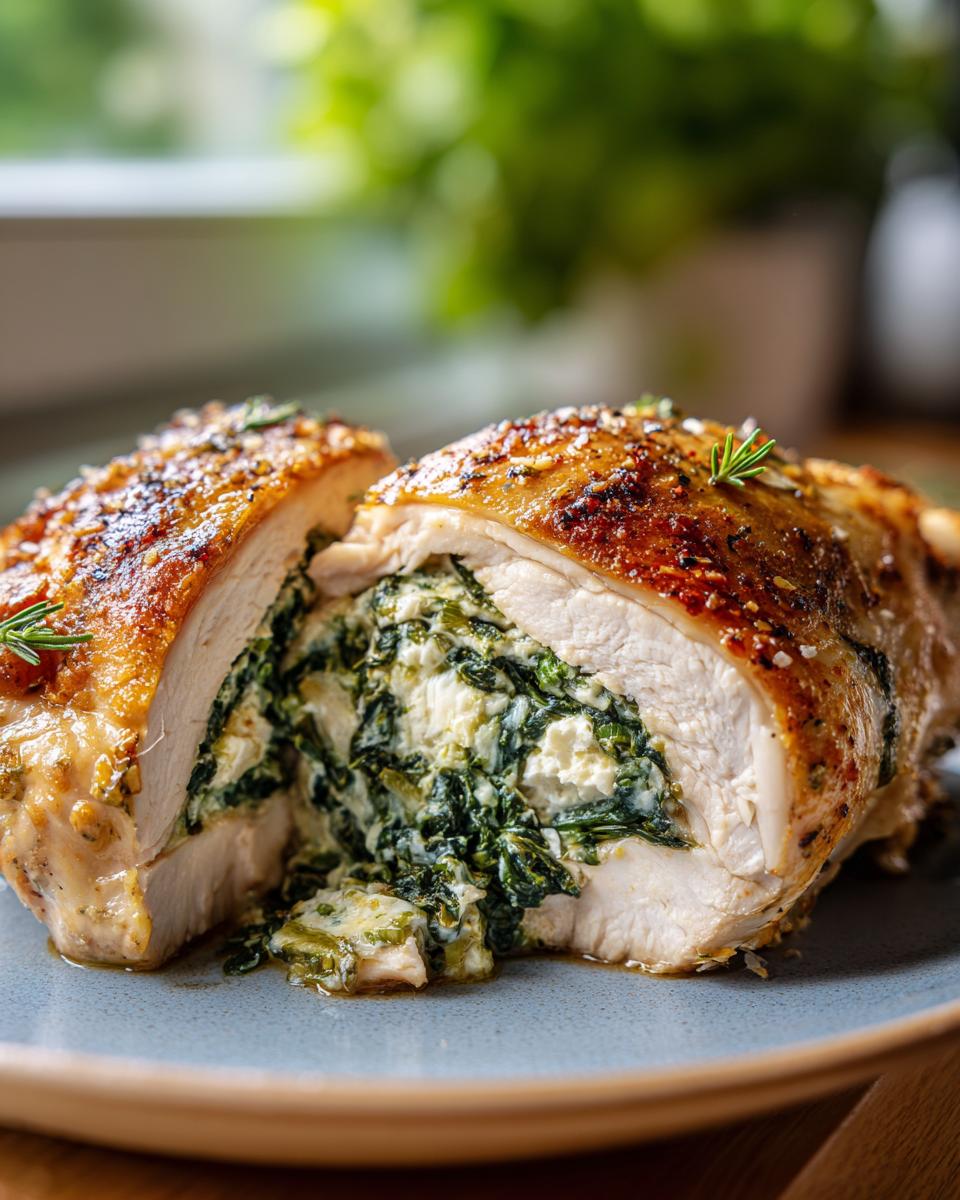 A close-up of a juicy stuffed spinach chicken breast, cut in half to reveal the creamy spinach and cheese filling.