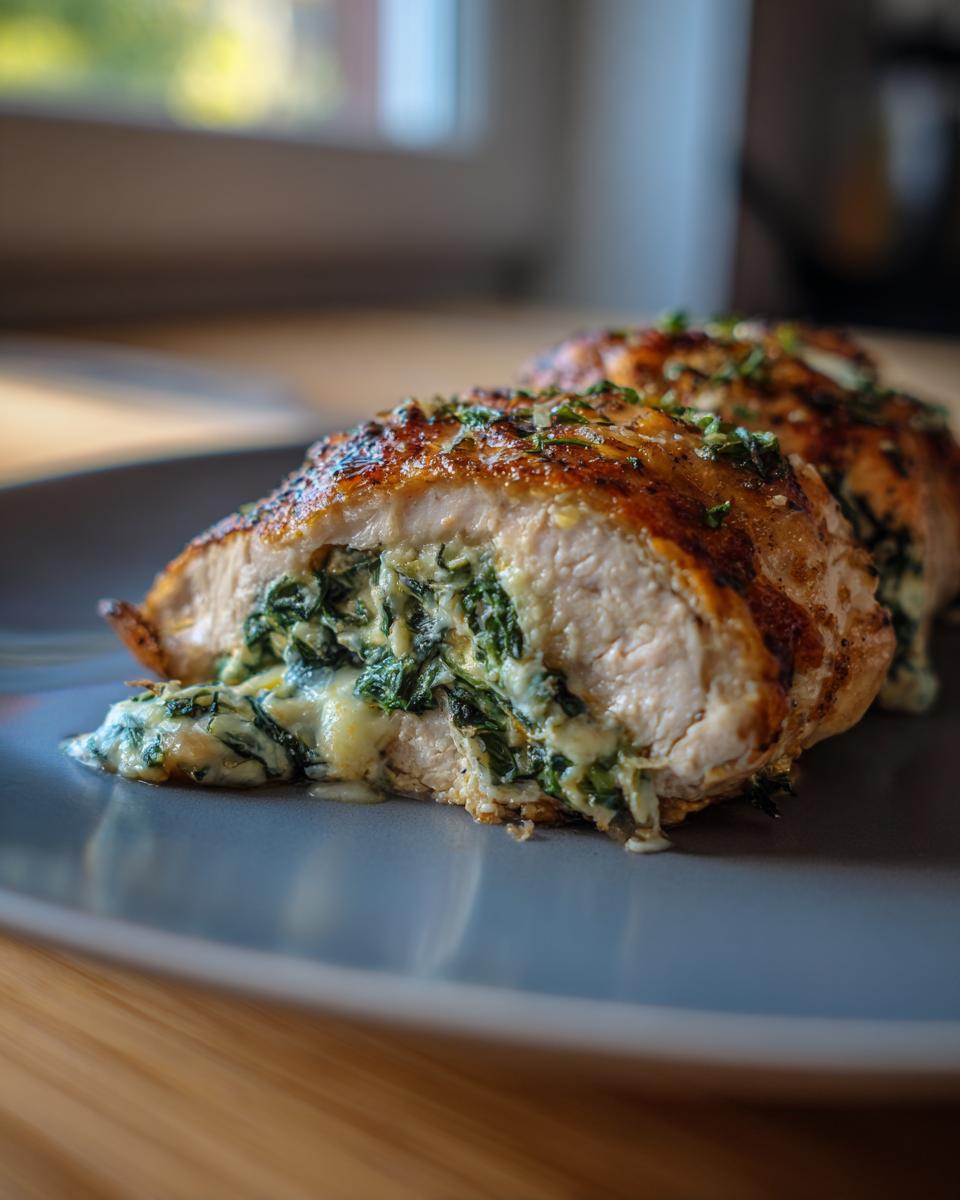 A close-up of a juicy stuffed spinach chicken breast, showing the creamy spinach and cheese filling spilling out.