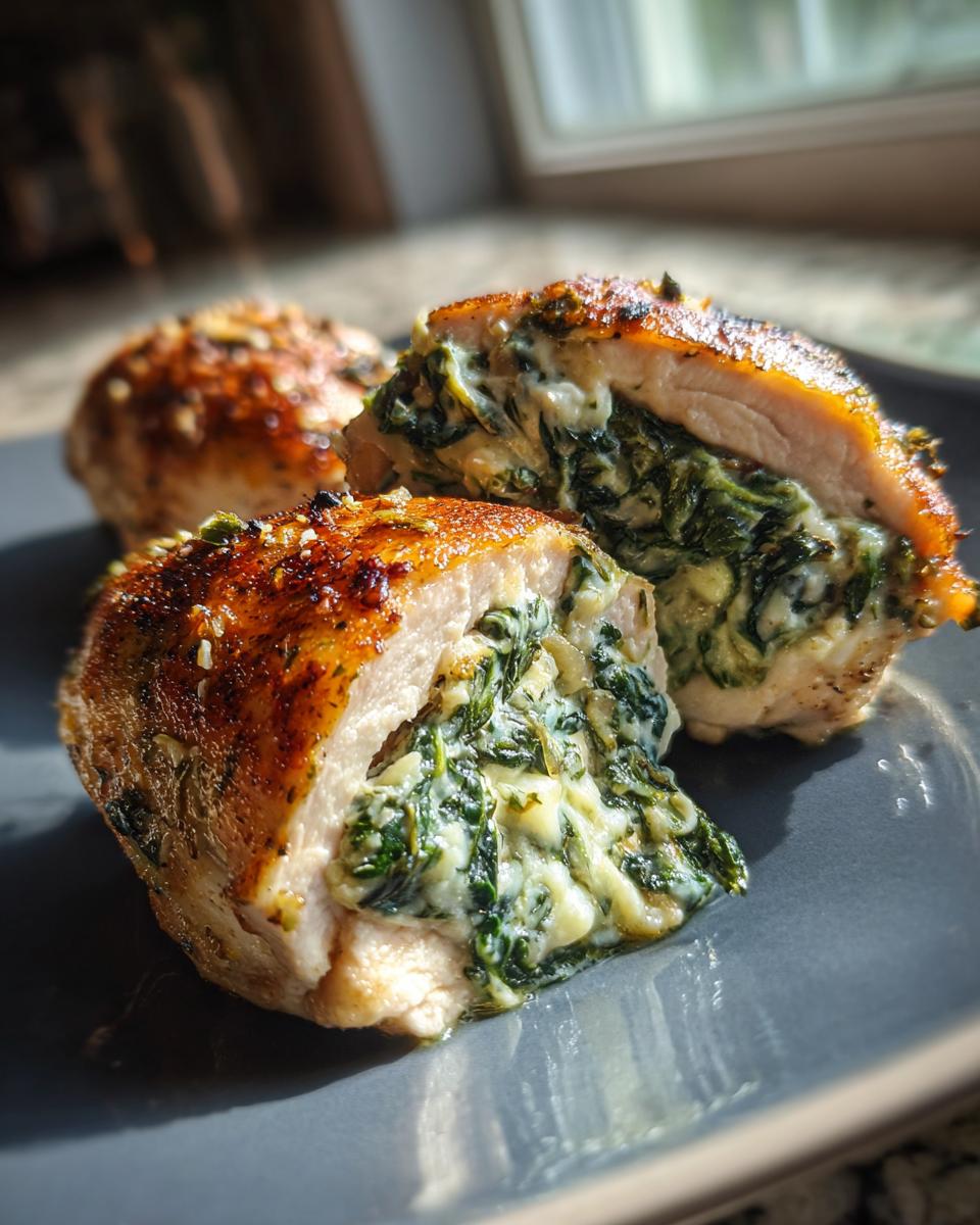 Close-up of a stuffed spinach chicken breast, cut in half to reveal creamy spinach filling.