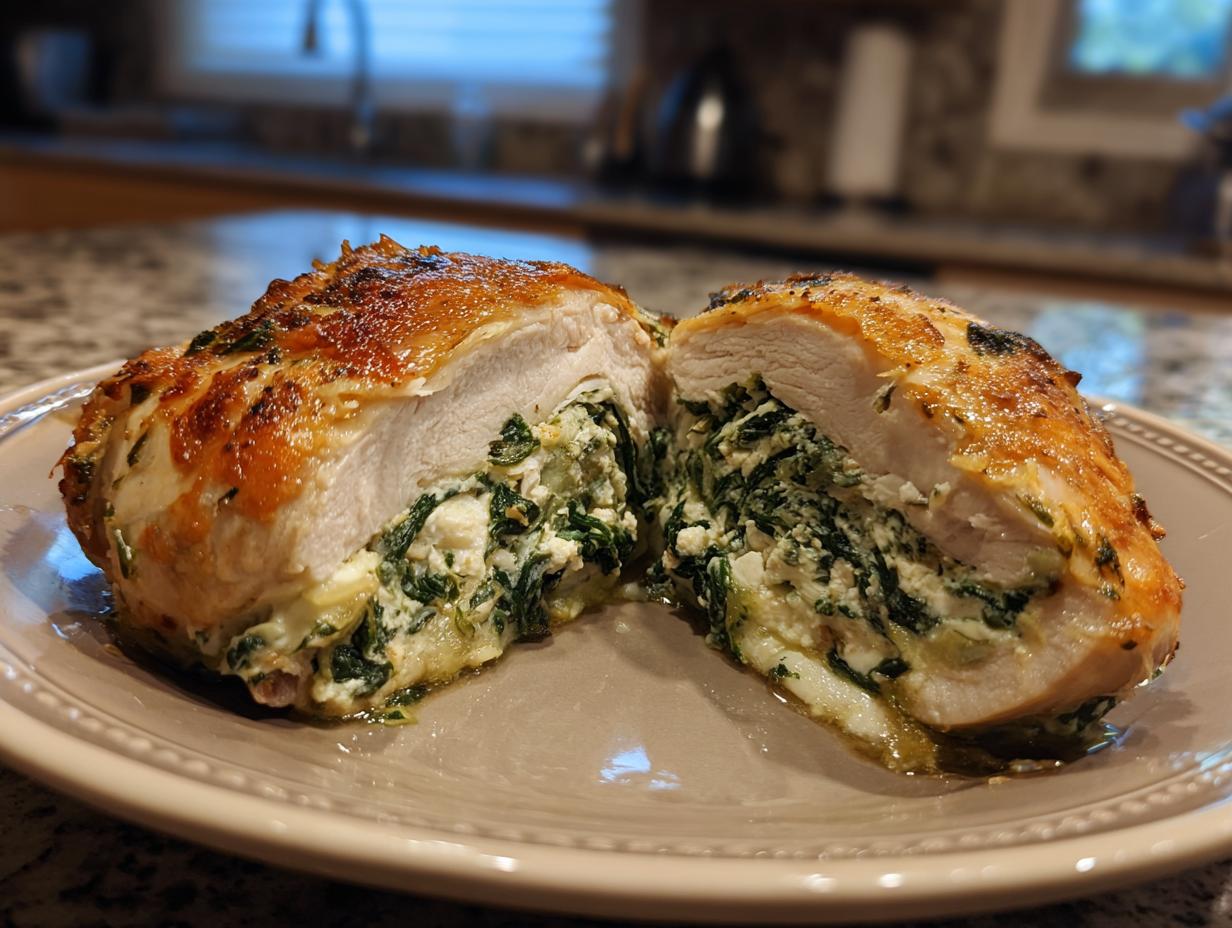 A cut chicken breast showing a creamy spinach and cheese filling, part of easy chicken breast recipes.