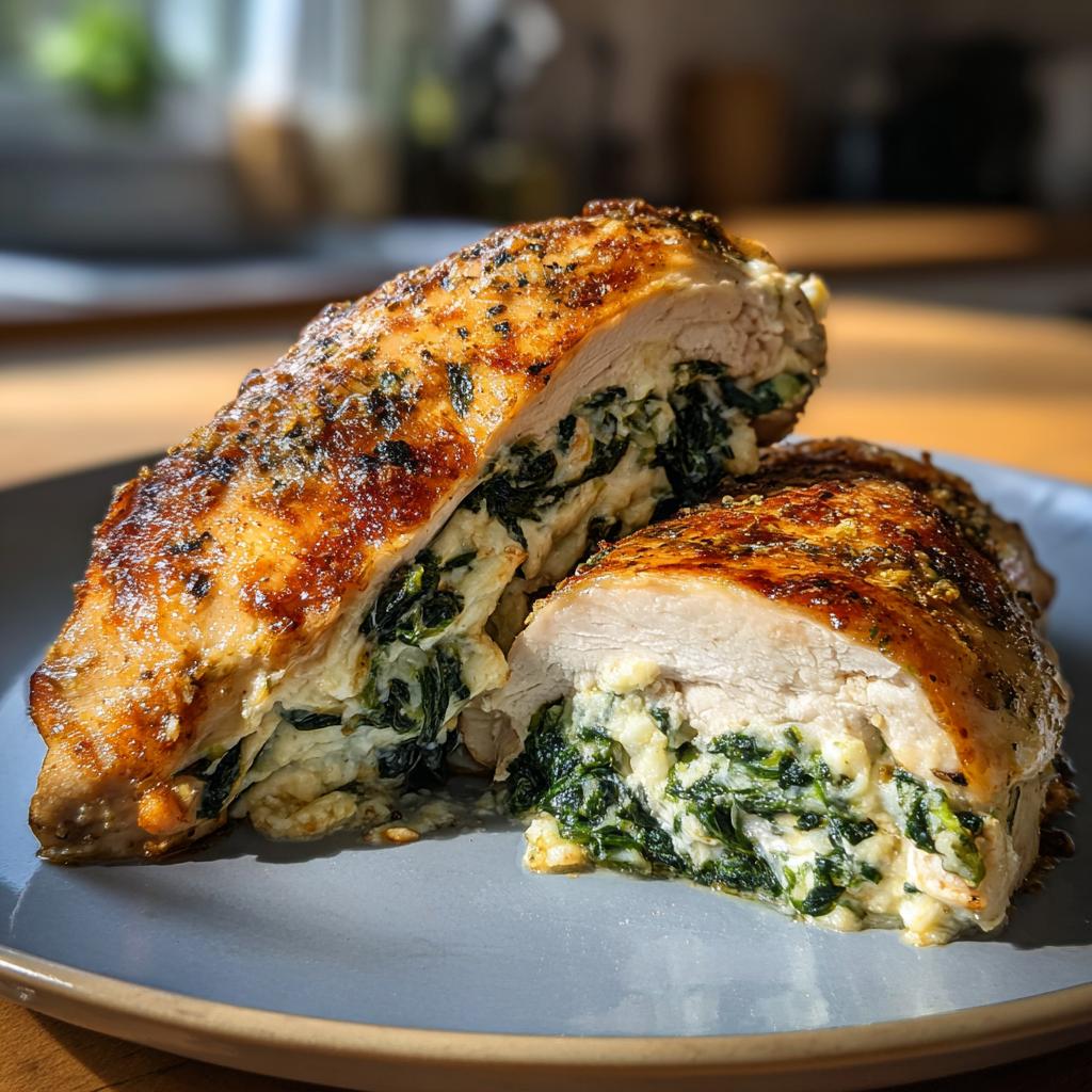A close-up of a juicy stuffed spinach chicken breast, cut in half to reveal the creamy spinach and cheese filling.