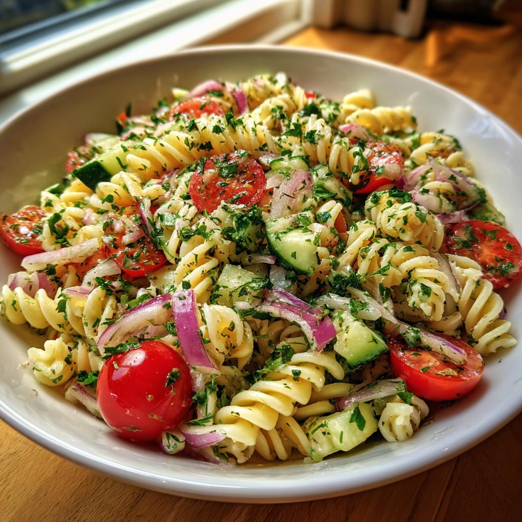 A vibrant bowl of summer pasta salad featuring fusilli pasta, cherry tomatoes, cucumber, red onion, and fresh herbs.