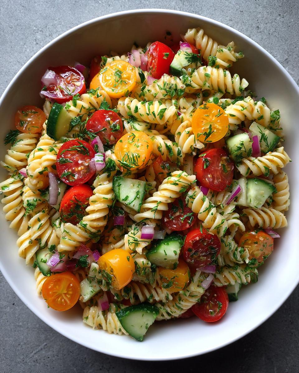 A vibrant summer pasta salad featuring fusilli pasta, cherry tomatoes, cucumber, red onion, and fresh herbs.
