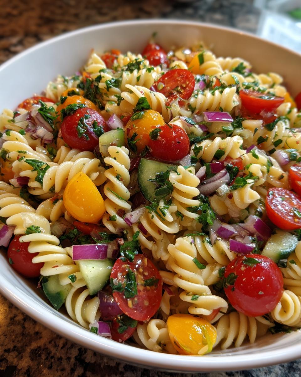 A vibrant bowl of summer pasta salad featuring rotini pasta, cherry tomatoes, cucumber, red onion, and fresh herbs.