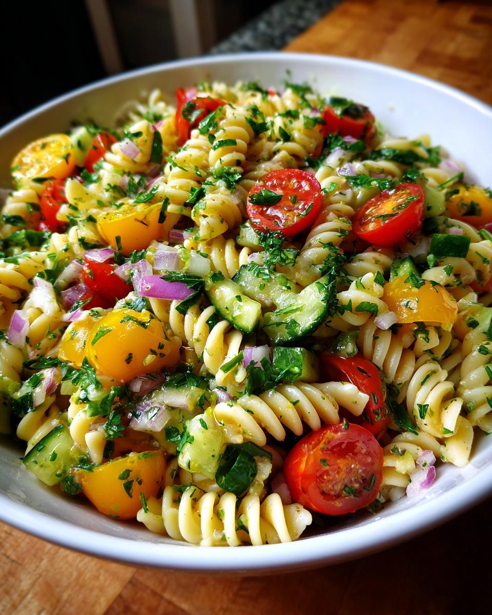 A vibrant bowl of Summer Pasta Salad featuring fusilli pasta, cherry tomatoes, cucumber, red onion, and fresh herbs.
