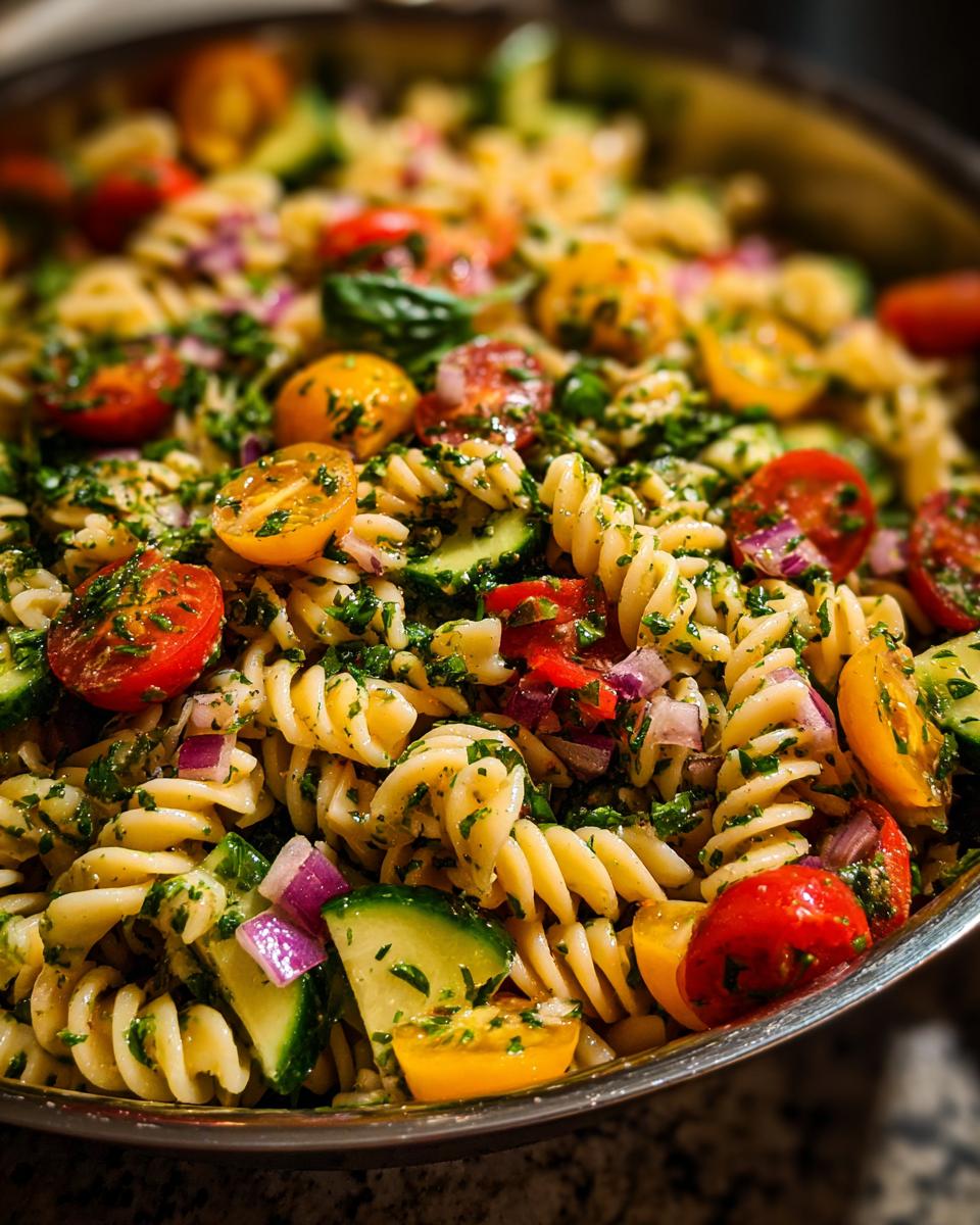 A close-up of a vibrant summer pasta salad featuring fusilli pasta, cherry tomatoes, cucumber, red onion, and fresh herbs.