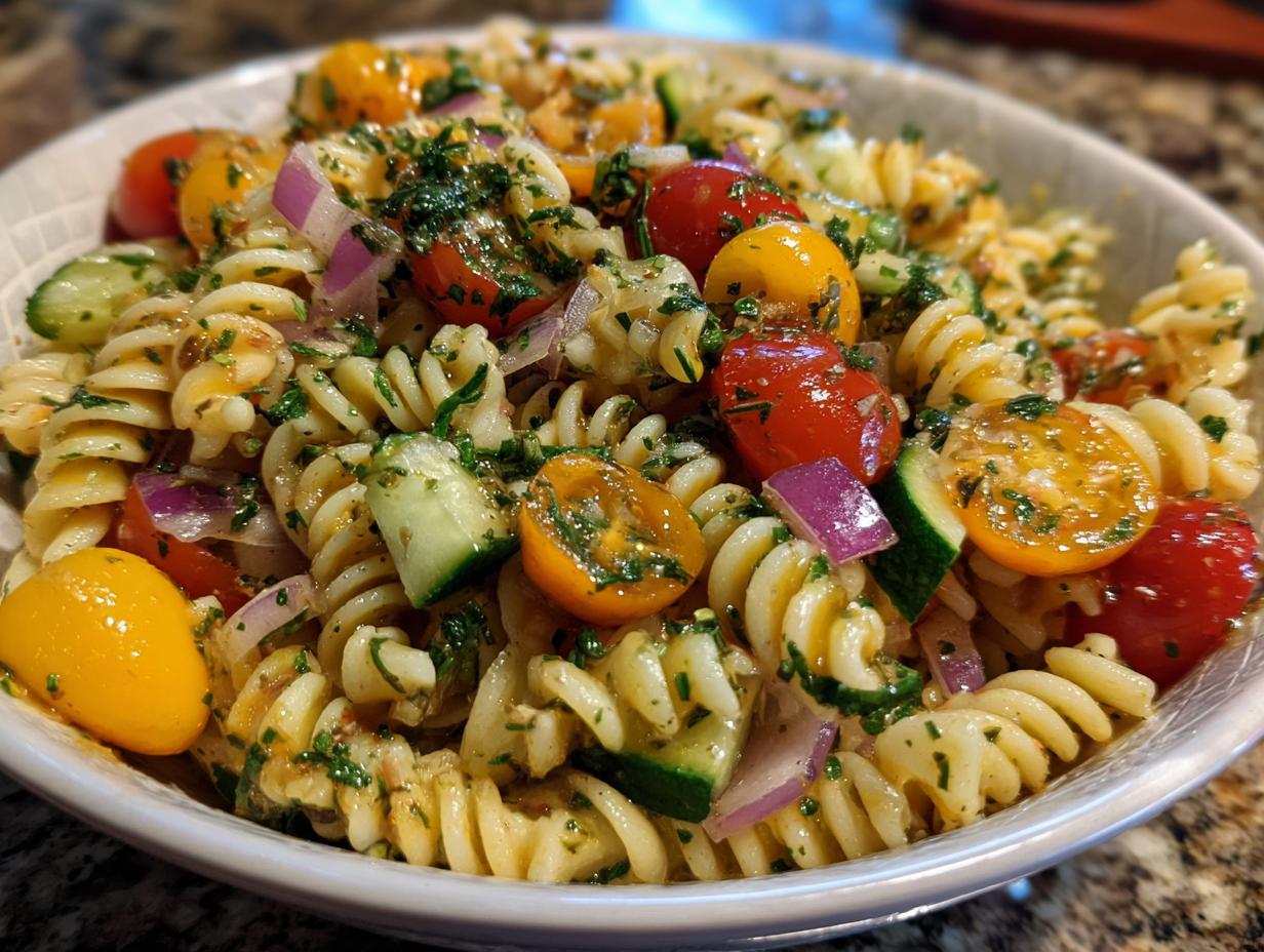 Close-up of a vibrant summer pasta salad with fusilli pasta, cherry tomatoes, cucumber, and red onion, tossed in a herb dressing.