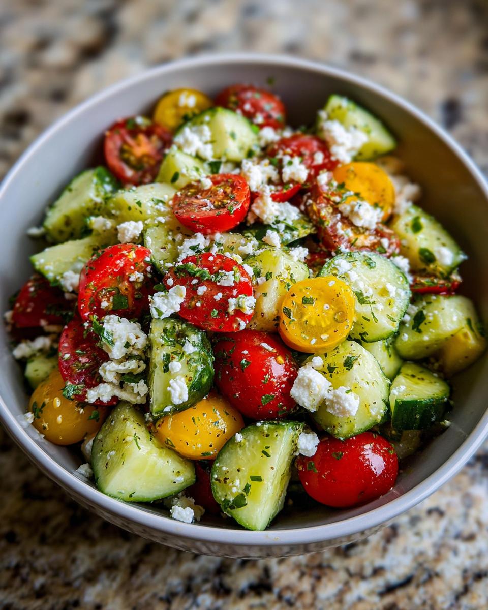 A refreshing summer salad with cucumber, cherry tomatoes, and feta cheese, perfect for cookouts.
