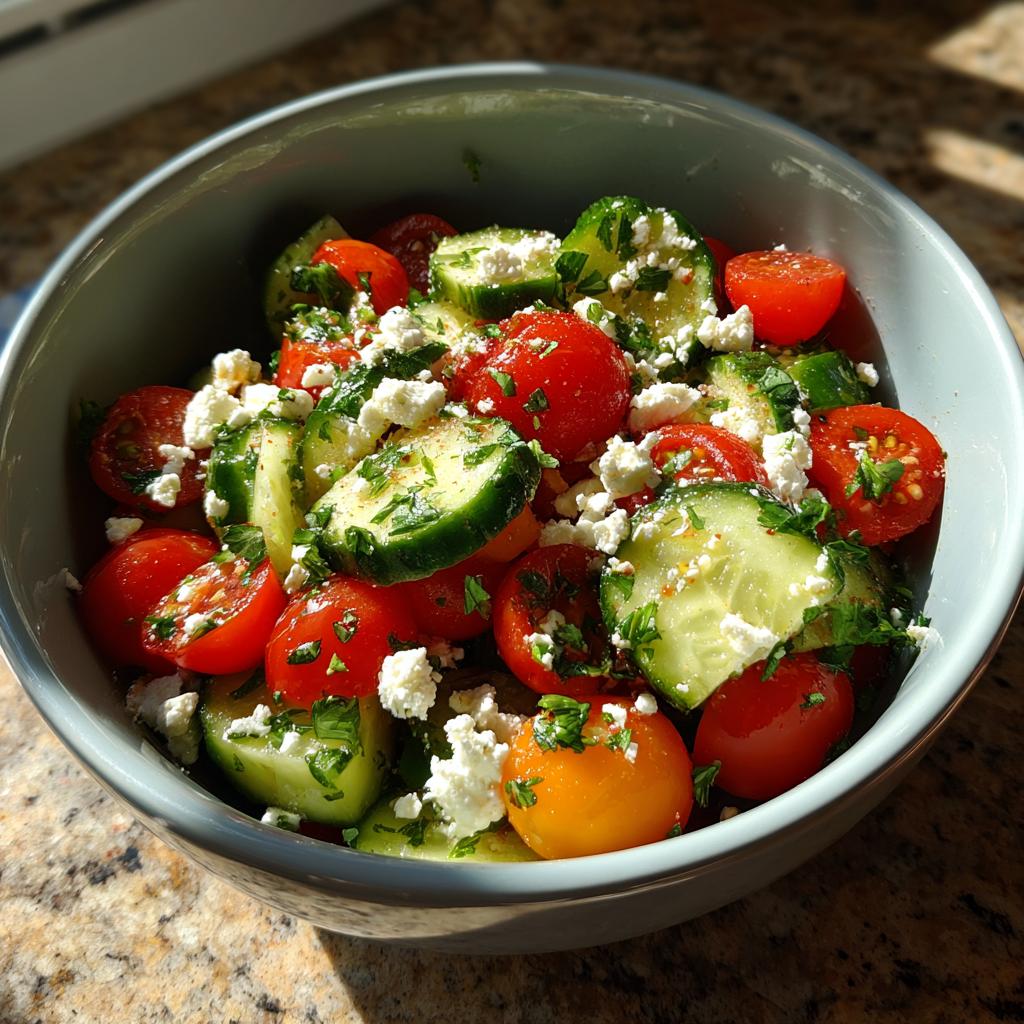 A refreshing bowl of summer salad with cucumber, tomato, and feta cheese, perfect for cookouts.