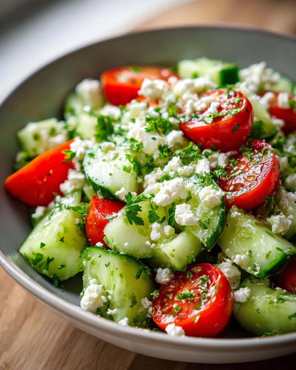 Close-up of a refreshing summer salad with cucumber, tomato, feta cheese, and parsley, perfect for cookouts.