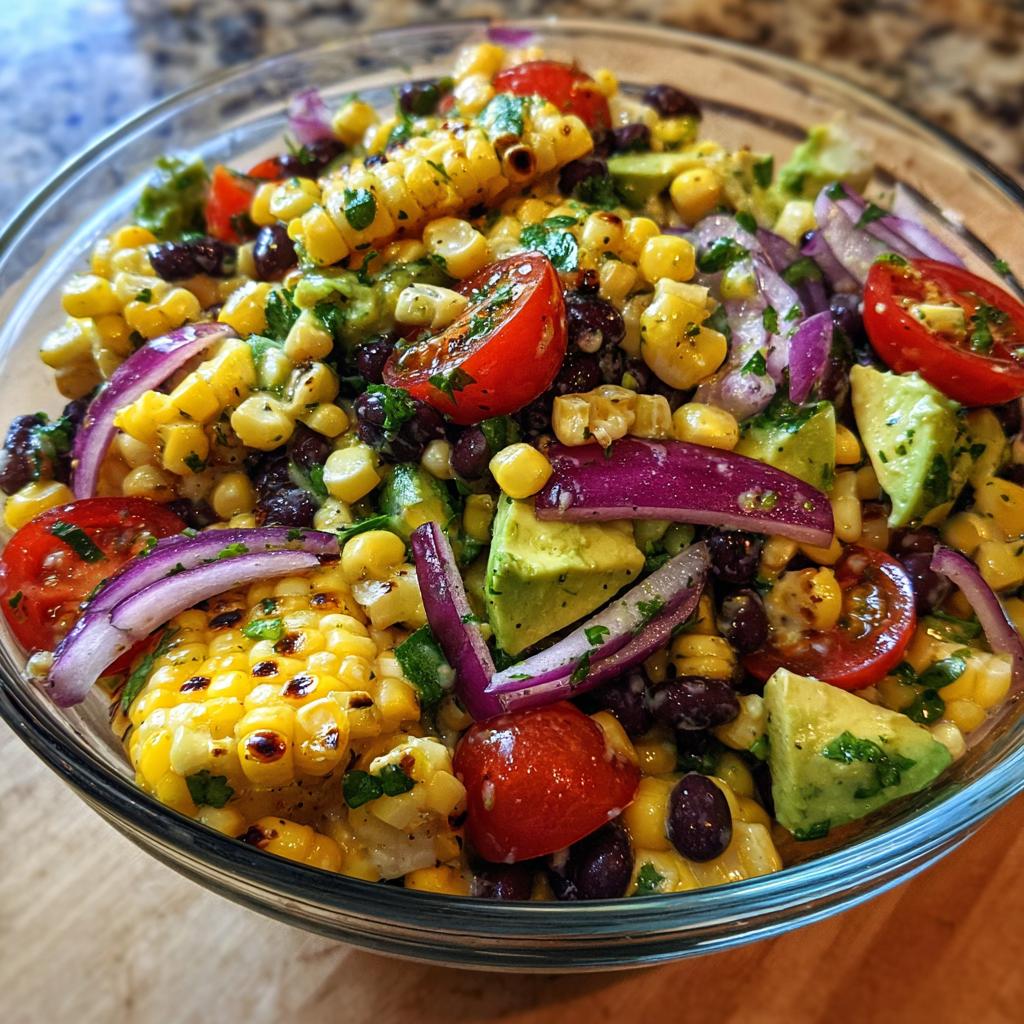 Close-up of a vibrant summer salad with grilled corn, avocado, black beans, and cherry tomatoes.