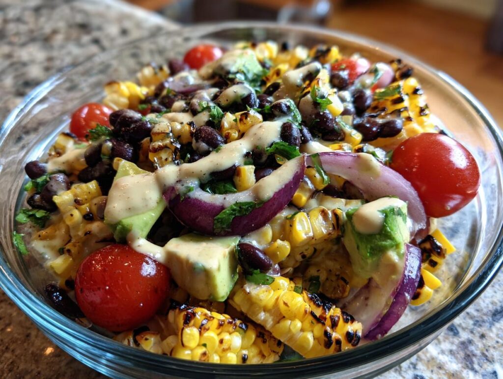 A vibrant bowl of summer salad featuring grilled corn, black beans, avocado, red onion, and cherry tomatoes, drizzled with avocado lime dressing.