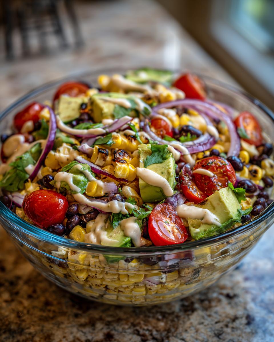 A vibrant bowl of summer salad featuring grilled corn, avocado, black beans, cherry tomatoes, and red onion, drizzled with dressing.