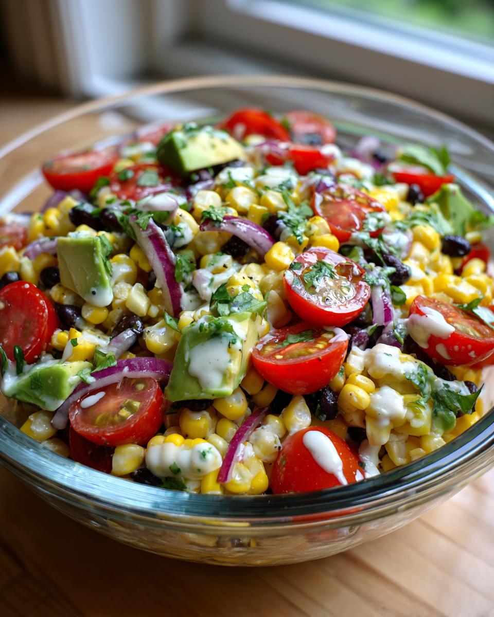 A refreshing summer salad with grilled corn, avocado, cherry tomatoes, red onion, and black beans, drizzled with dressing.